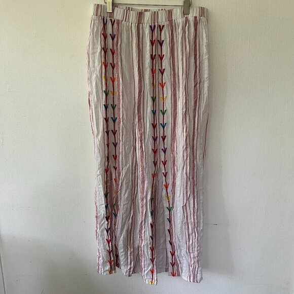 ASOS Pull On Pants Womens Size 10 White Red Striped Boho Slits Cropped Embroider - Picture 1 of 5